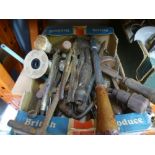 A box of old woodworking tools, to include files, chisels, etc