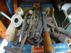 A box of old woodworking tools, to include files, chisels, etc