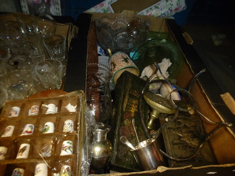 A box of cut glass and etched glasses, along with two boxes of mixed items to include silver - Image 2 of 3