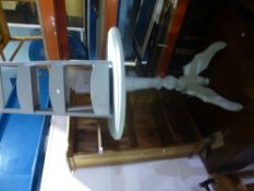Painted pine circular coffee table, grey painted ladder rack, pictures, wickerware, etc