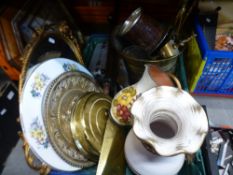 Brass coal bucket, fire companion set, china vase, and jug, pottery and oval mirror, etc