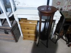 Cream painted consul table, pine bedside chest of three drawers and a jardiniere stand