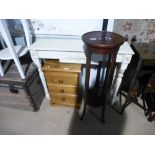 Cream painted consul table, pine bedside chest of three drawers and a jardiniere stand