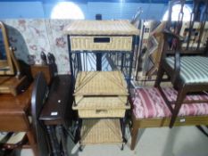 Pair of contemporary wicker and wrought iron bedside tables, with a drawer