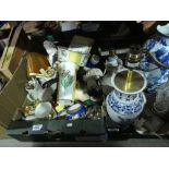 4 boxes of sundry items to include cutlery, vases, wooden boxes, cut glass lamp etc