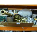 A wooden tray of mostly brass items to include a Cannon, reproduction flink lock pistol, etc