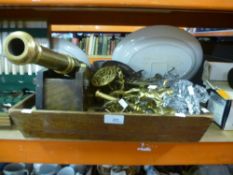 A wooden tray of mostly brass items to include a Cannon, reproduction flink lock pistol, etc
