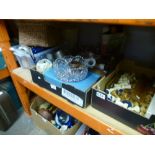 Three boxes of mixed sundries to include onyx chess pieces, glass bowl and china figures, etc
