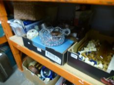 Three boxes of mixed sundries to include onyx chess pieces, glass bowl and china figures, etc