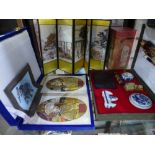 An oriental calligraphy set, two Persian portraits and sundry