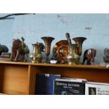 Collection of brassware, Indian elephants, inlaid mother of pearl box, etc