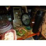 A crate of Spode 'Pink Camillia' dinnerware, along with a selection of pictures, etc