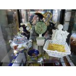 A quantity of china ornaments, to include blue and gold Limoges jugs, etc