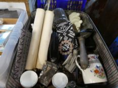 A case of mixed items to include a Copeland jug, costume jewellery, purses, Hornsea pepper pot,