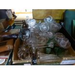 A box of mixed glass items to include candlesticks, bowls, drinking glasses along with a box of