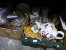 Four boxes of mixed glass and china to include Portmeirion, Tanya Staffordshire pottery and Royal