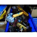 Six boxes containing various Dinky, Matchbox and Corgi cars, mostly play worn