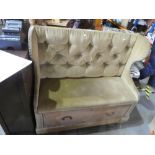Vintage pine settle with velvet upholstered button back and seat