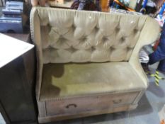 Vintage pine settle with velvet upholstered button back and seat