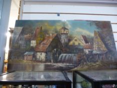 An oil on canvas depicting a watermill and surrounding cottages, by Bauer