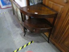 Mahogany corner hall table with 2 tiers a drawer on splayed supports