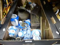 Three boxes of mostly china and sundry items, hip flask, silver plated ware, belt buckles, china tea