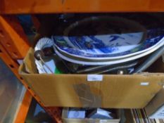 Two boxes of mixed sundry items to include china, large meat platters and Le Cruset pot