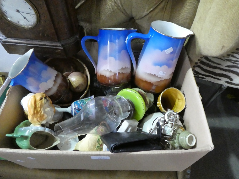 Box of ceramics including graduated jugs, oil lamp, treen, etc - Image 2 of 2