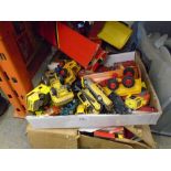 A box of Matchbox and Corgi cars, Hornby railway track and Tonka toys