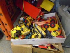 A box of Matchbox and Corgi cars, Hornby railway track and Tonka toys