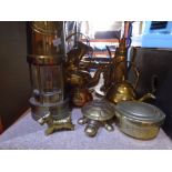 A selection of brassware to include reproduction Miner's lamp