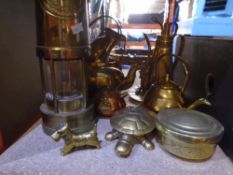 A selection of brassware to include reproduction Miner's lamp