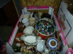 Thee boxes of glassware, to include bowls, decanters, glasses and a box of china ornaments, marbles,