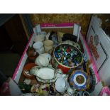Thee boxes of glassware, to include bowls, decanters, glasses and a box of china ornaments, marbles,