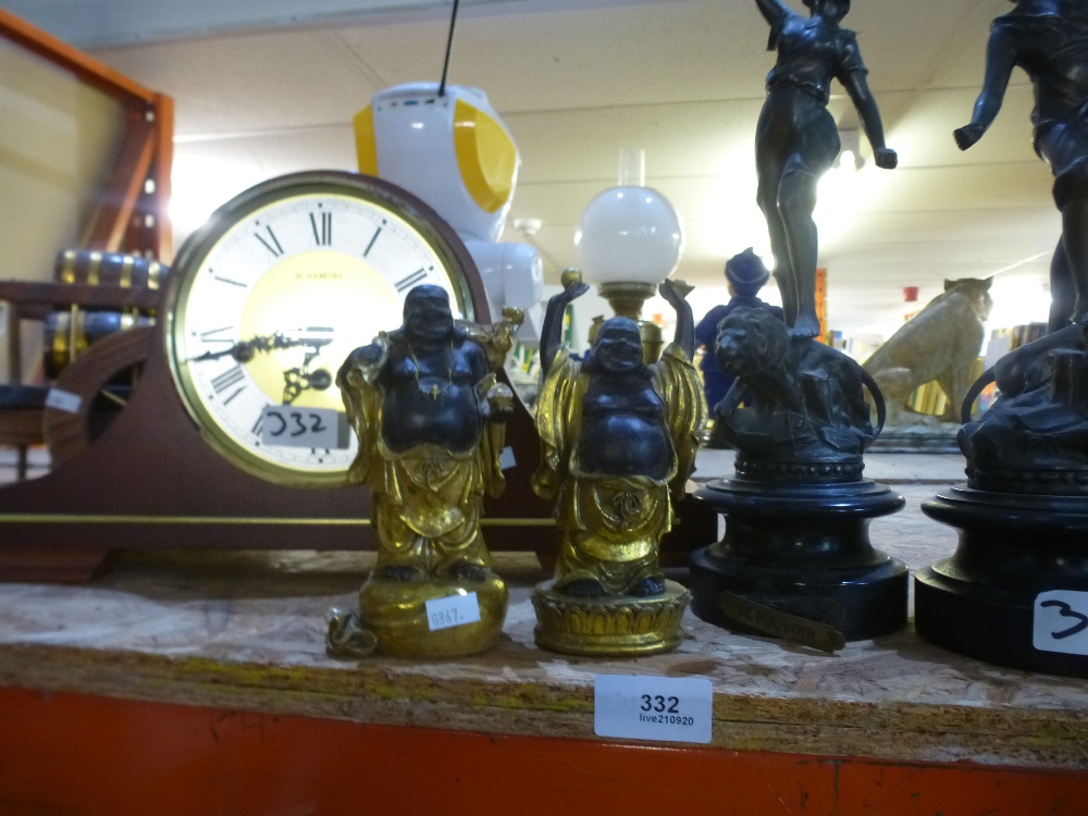 A mantle clock, two spelter figures of a man and lady and two Budhas - Image 2 of 2