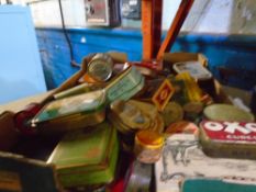 A box of vintage advertising tins including Oxo, Beechams, Vaseline, etc and old medicine bottles