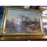 A framed print titled 'Hunters in the Fall'