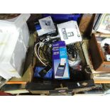 A crate of mobile phones, boxed Sony cyber-shot camera, Casio portable printer, Sony walkman etc