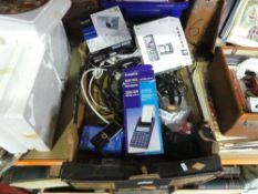 A crate of mobile phones, boxed Sony cyber-shot camera, Casio portable printer, Sony walkman etc