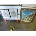 A framed oil painting of Warsash harbour, along with two framed and glazed pencil drawings of