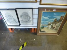 A framed oil painting of Warsash harbour, along with two framed and glazed pencil drawings of