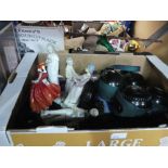 A box of mixed items to include tennis raquet, set of bowls, porcelain figures and a quantity of