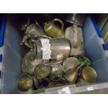 A large box of silver plated ware to include coffee pot, goblets, serving dishes, etc