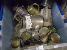 A large box of silver plated ware to include coffee pot, goblets, serving dishes, etc