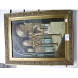 A gold gilt frame oil on canvas, possibly depicting inside of a mosque, signed