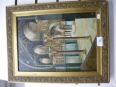 A gold gilt frame oil on canvas, possibly depicting inside of a mosque, signed