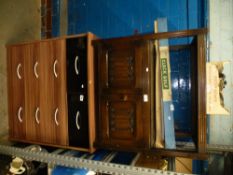 Dark oak two tier shelf with cupboard and modern chest of drawers