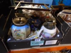 Three boxes of mixed china, sundries to include Studio pottery