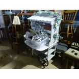 Grey painted wooden wedding cart, complete with sweet jars, etc