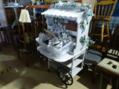 Grey painted wooden wedding cart, complete with sweet jars, etc